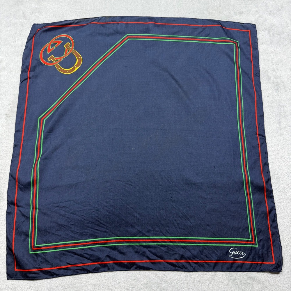 Gucci‎ Scarf Vintage Navy Blue Equestrian Horseshoe Logo OS Authentic Luxury